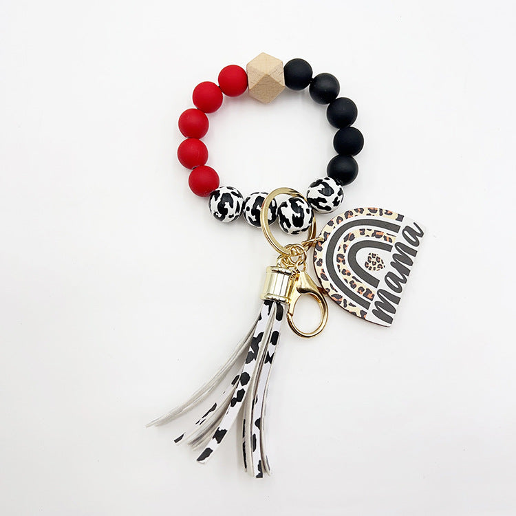 Wholesale Lacquer Round Beads Cow Pattern Wooden Beads Rainbow Wooden Sign Tassel Bracelet Keychain